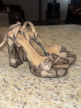 bebe Taupe Snake-Print Platform Block Heels